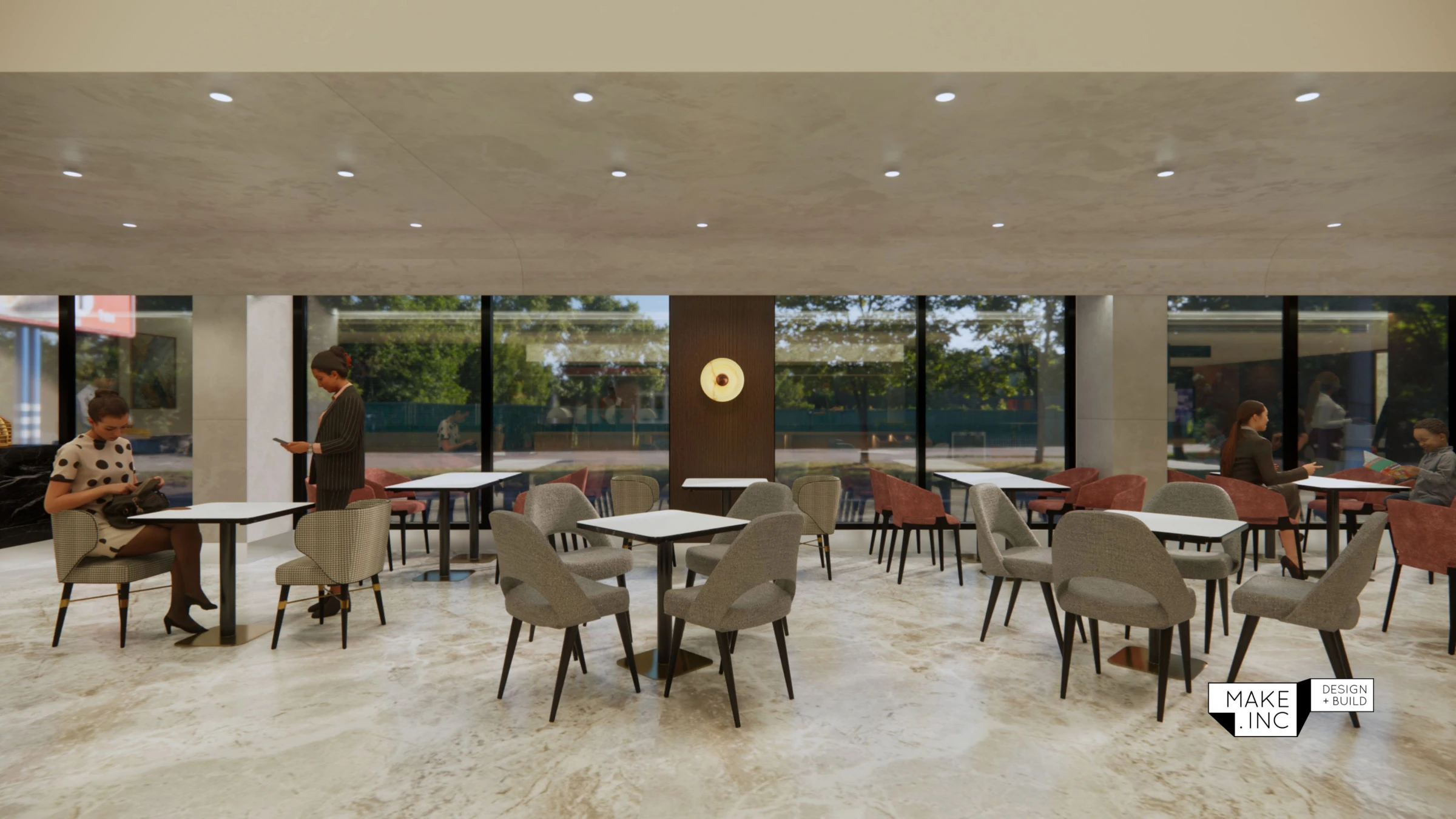 Riomara dining room design with layered lighting and comfortable seating