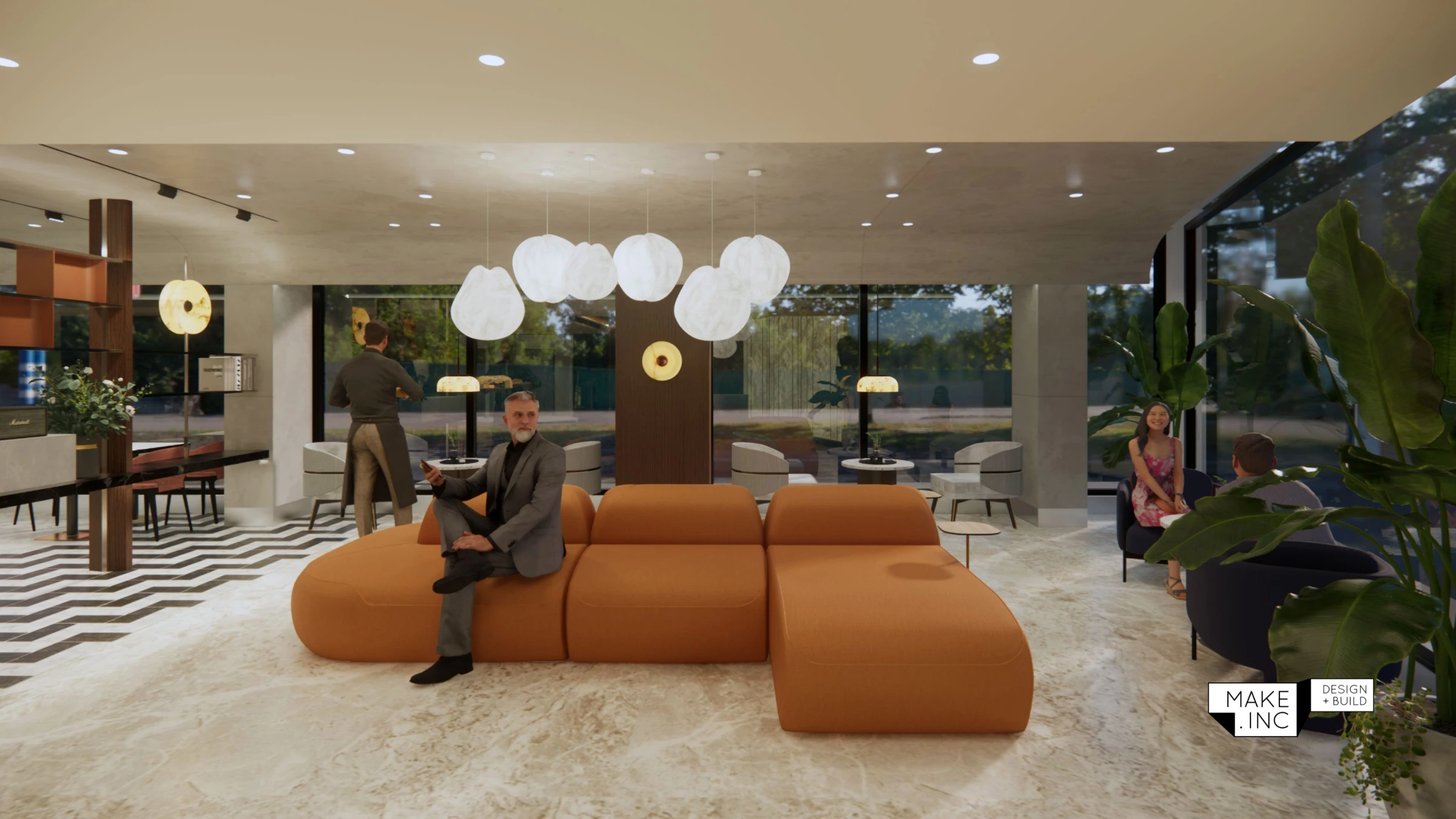 Riomara lobby design with sculptural lighting and warm orange seating